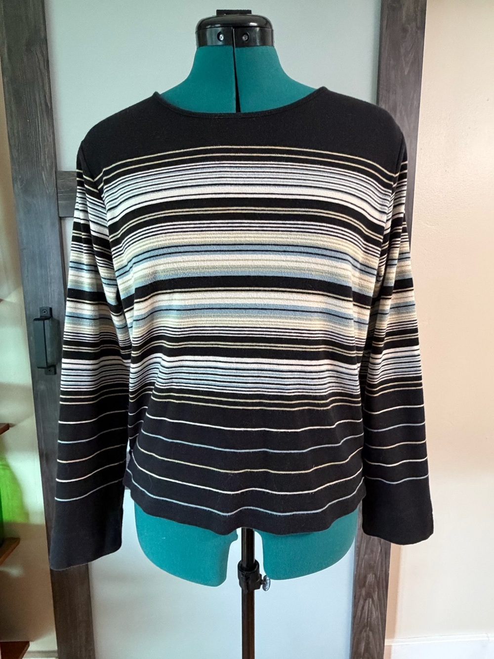 Charter Club Black Crewneck Sweater with White and Light Blue Stripes